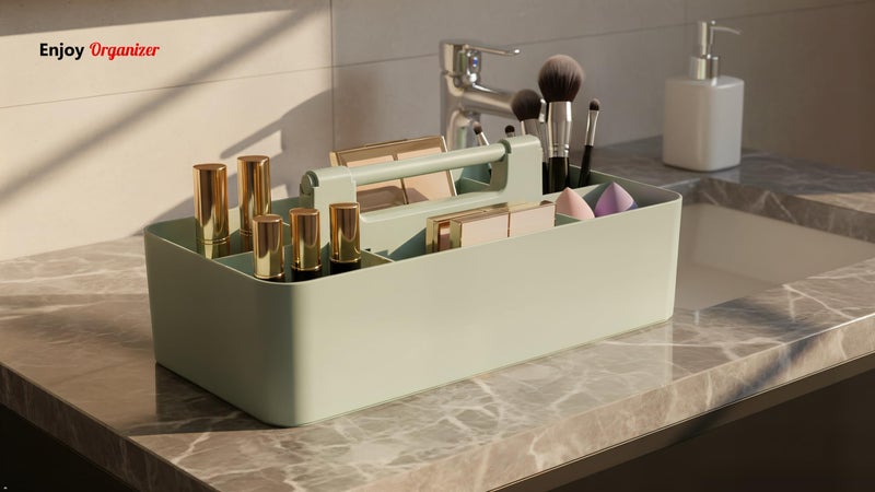 Enjoy Organizer New Plastic Portable Makeup Organizer Caddy Tote Divided Basket Bin with Handle, for Bathroom Storage - Holds Blush Makeup Brushes, Eyeshadow Palette, Lipstick - Extra Large Made In USA (Mint) - Image 2